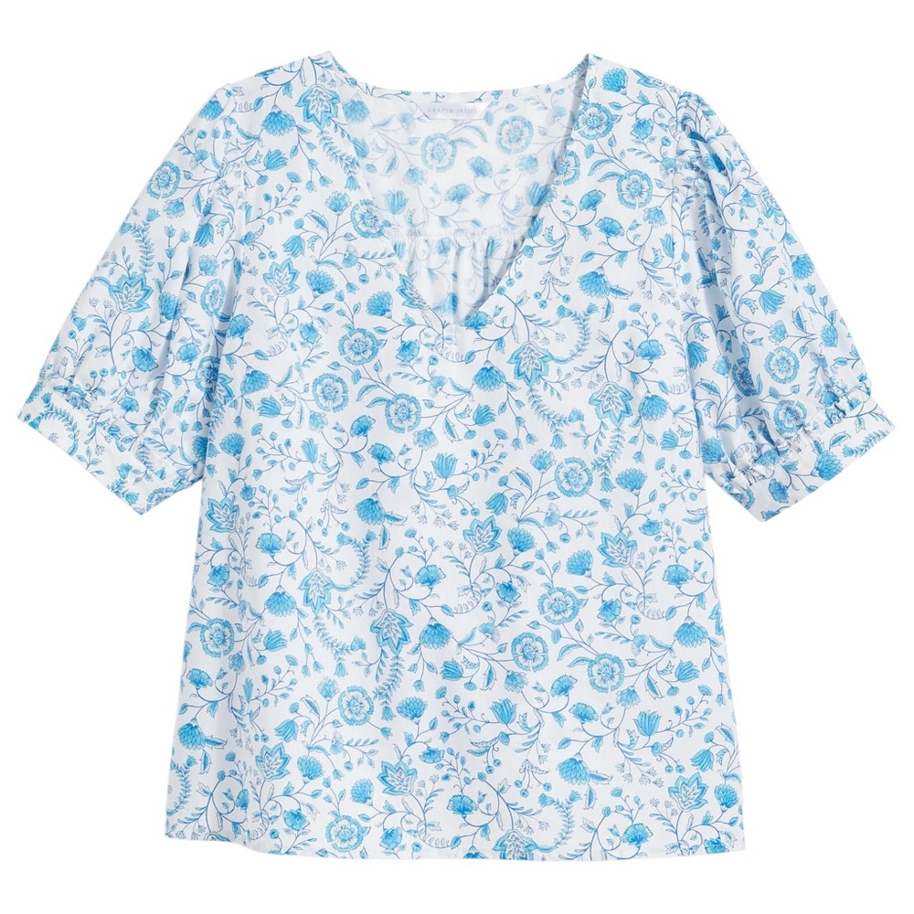 Draper James Blue & White Floral Print Short Puff Sleeve V-Neck Top - L